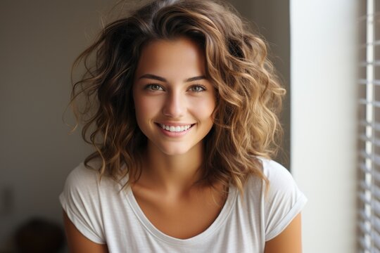 A smiling woman with curly brown hair, happy and looking at camera. Generated AI