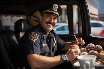 Police officer in his squad car eating a doughnut. Generative AI - obrazy, fototapety, plakaty