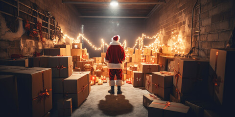 Christmas gift delivery Santa Claus standing in shop warehouse storage full of cardboard present boxes concept of logistic e-commerce e-business holiday package goods shipping service - obrazy, fototapety, plakaty