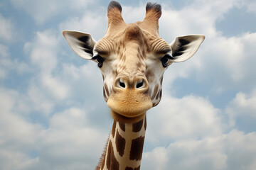 Close up of a giraffe head against the blue sky with clouds