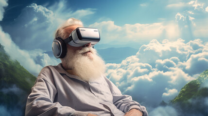 Obraz premium Old man wears VR glasses to see heaven