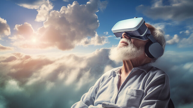 Old man wears VR glasses to see heaven