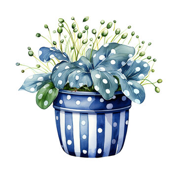 Watercolor indoor flower in a pot. Generative AI, png image.