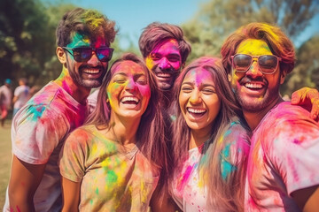 Fototapeta premium Young Indian friends group celebrating Holi festival