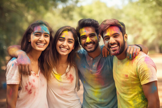 Young Indian friends group celebrating Holi festival