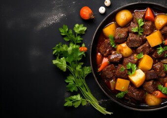 Top view beef meat and vegetables stew in black bowl. slate background