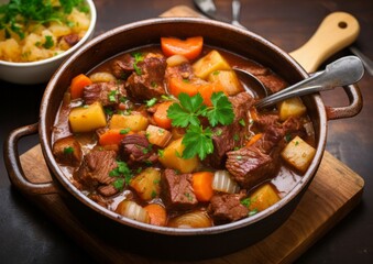 Top view beef meat and vegetables stew in black bowl. slate background
