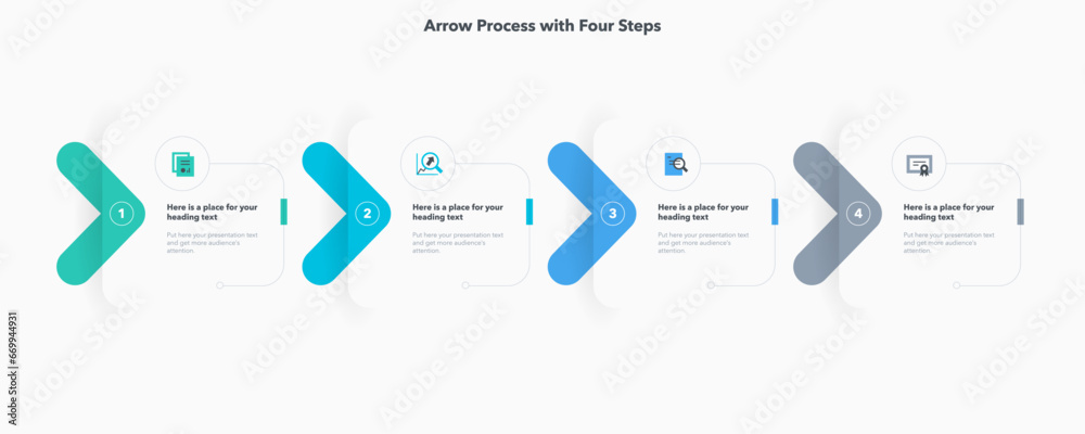 Wall mural arrow process flow diagram with four colorful stages. presentation template with thin lines and flat