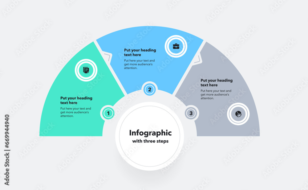 Poster Process flow diagram divided into three steps. Flat infographic with minimalistic icons and place for your texts.