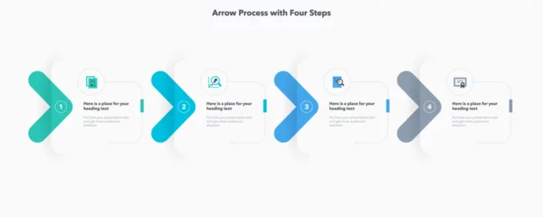Fotobehang Arrow process flow diagram with four colorful stages. Presentation template with thin lines and flat icons. © tomasknopp