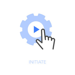 Simple visualised initiate icon symbol with a cogwheel and a human hand starting a process.