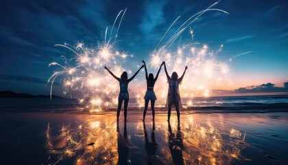 New Year's Eve celebration on the beach with fireworks - obrazy, fototapety, plakaty