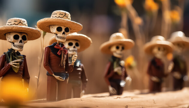 Mexican toys skeletons with skulls during the day of the dead