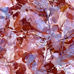 Winter bouquet: frozen dry leaves endless motif. Digital art and watercolour, ink texture. Seamless pattern for packaging, scrapbooking, textile. Modern art-deco. - 669945140