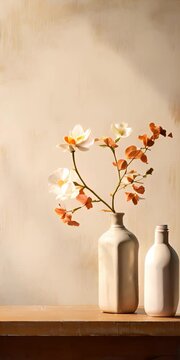 A white vase with orange and white flowers on a wooden surface against a light background. Copy space. Vertical format. Generative AI