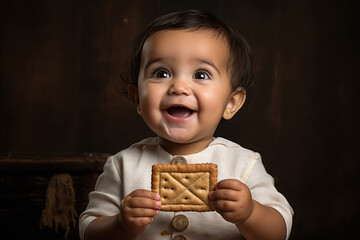 Indian little boy eating biscuits - obrazy, fototapety, plakaty