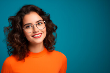 a young woman with glasses wear a orange top on blue background 