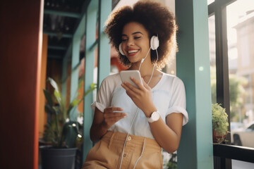 Happy gen z young woman with smartphone, social media fashion influencer in trendy cafe and youth culture in Miami, Trendy student communication, reading text on cell and 5g technology connection - obrazy, fototapety, plakaty