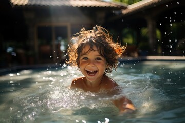 a little boy swims in the water in the pool relaxing at a children's hotel