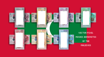 Vector set of pixel mosaic Maldives banknotes. Collection of bills in denominations of 5, 10, 20, 50, 100, 500 and 1000 rufiyaa. Play money or flyers. Capital of Male.