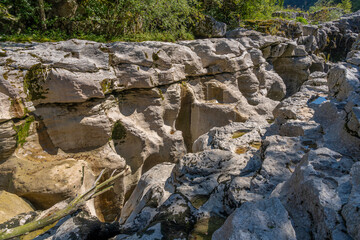 Bellegarde-sur-Valserine, France - 09 01 2021: View of the Los Pertes de la Valserine with its waterfalls and the forest around.