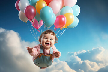 Cute child flying with balloons in the sky
