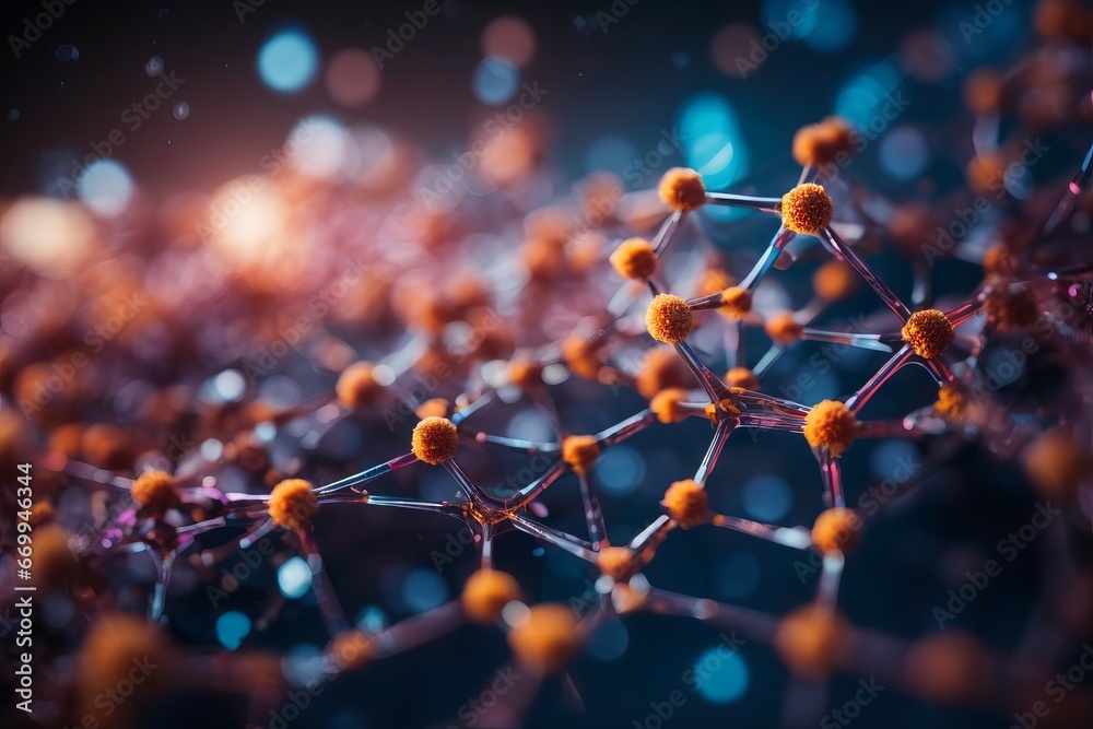 Poster Abstract close-up photo of a molecule with orange atoms on a dark blue background with bokeh