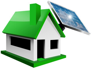 3D illustration of a model house with a solar panel on the green roof. Isolated on white or transparent background. Renewable energy concept, png.