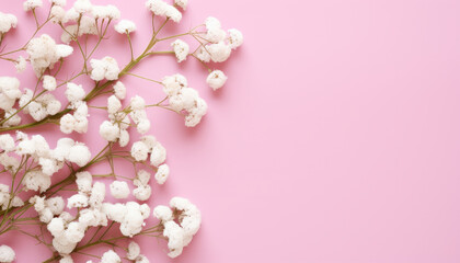 White gypsophila flowers or baby's breath flowers on pink isolated background banner with copy space for gift card etc
