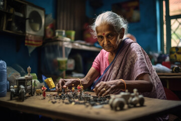 old indian woman playing with LEGO - obrazy, fototapety, plakaty