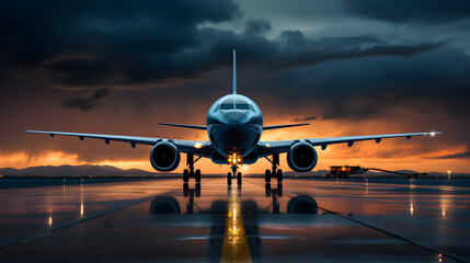 Airliner airplane parked on runway, empty airport background