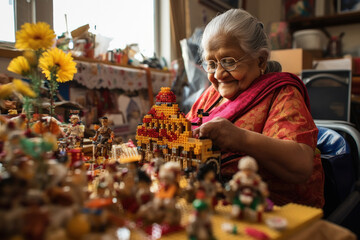 Obraz premium old indian woman playing with LEGO