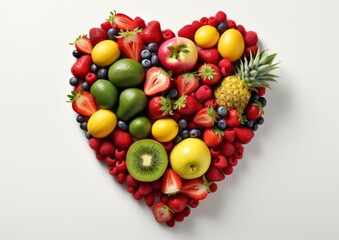 Naklejka na ściany i meble Fruits heart symbol. Fruits concept design. Food photography of heart shape made from different fruits isolated white background.