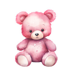 pink Teddy bear, toys for kids, watercolor illustration, play time for children, isolated clipart with transparent background 