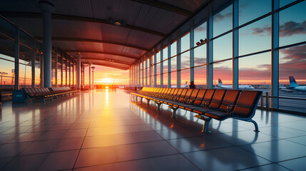 Deserted airport terminal during sunset - obrazy, fototapety, plakaty