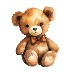 brown Teddy bear, toys for kids, watercolor illustration, play time for children, isolated clipart with transparent background 