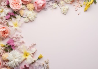 Naklejka na ściany i meble Beautiful spring flowers on paper background. For example banner for 8 march, Happy Easter with place for text. Springtime concept. Top view. Flat lay