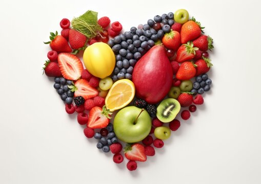 Fruits heart symbol. Fruits concept design. Food photography of heart shape made from different fruits isolated white background.
