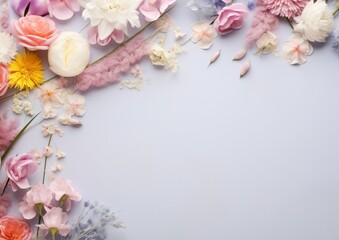 Beautiful spring flowers on paper background. For example banner for 8 march, Happy Easter with place for text. Springtime concept. Top view. Flat lay