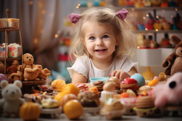 Fototapeta premium cute indian little girl playing with different toys