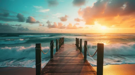 Zelfklevend Fotobehang wooden pier or boardwalk in beach with waves at sunset in summer © mimadeo