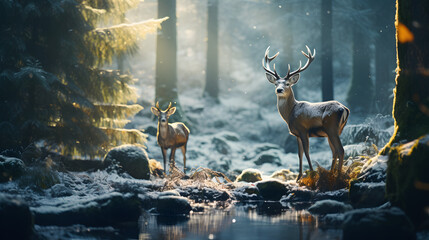 Deer in a snowy forest with winter backdrop