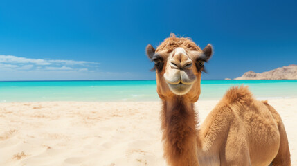 camel on tropical beach. exotic travel destinations