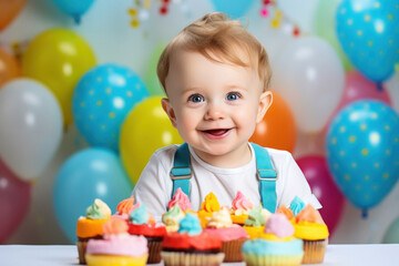 Obraz na płótnie Canvas Cute little boy celebrating birthday with sweet cake