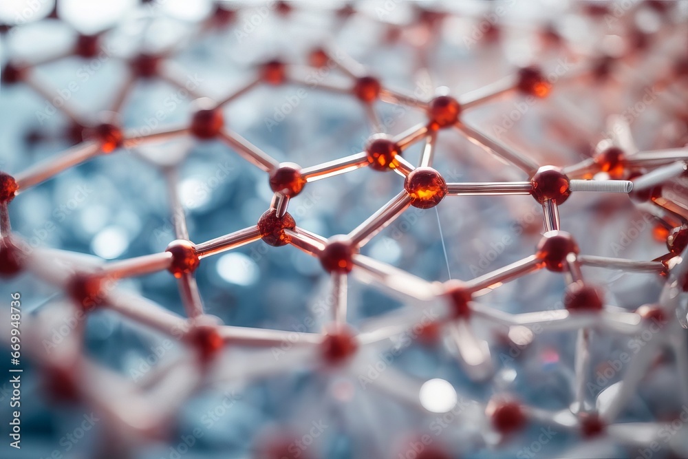 Poster abstract close-up photo of a molecule with red atoms on a blue-white background
