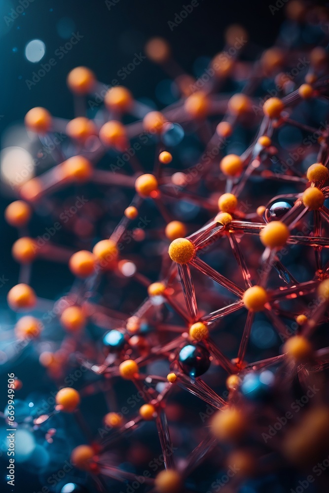 Poster abstract structure molecules with orange atoms on a dark blue background
