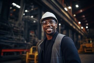 Happy Professional Heavy Industry Engineer or Worker Wearing Uniform, Glasses and Hard Hat in a Steel Factory, Smiling African American Industrial Specialist Standing