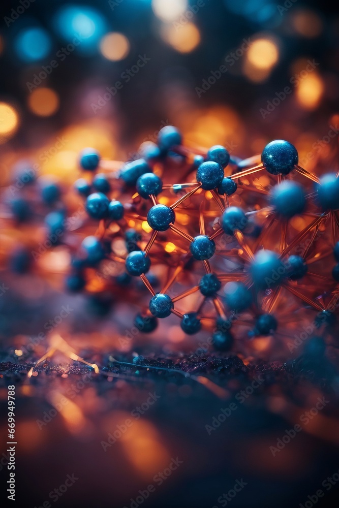 Poster abstract molecule structure with atoms on dark blue background. macro photo