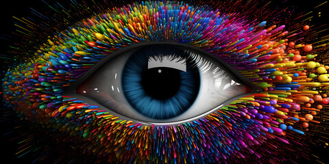 Eye with blue lens and multicolor eyelashes, A rainbow eye, Multicolor eye on the dark background, generative AI