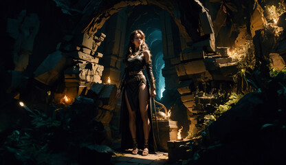 Fototapeta na wymiar Portrait of beautiful girl in the cave. Beautiful fire girl photo. Adorable game character girl.